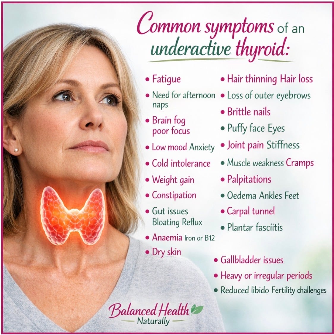 Common symptoms of underactive thyroid and Hashimoto’s in women, including fatigue, weight gain, hair thinning, brain fog, dry skin and heavy periods.