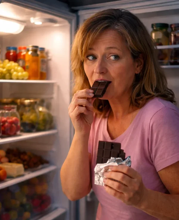 Midlife woman standing at the fridge late at night craving chocolate, representing common chocolate cravings linked to hormones, blood sugar and gut health