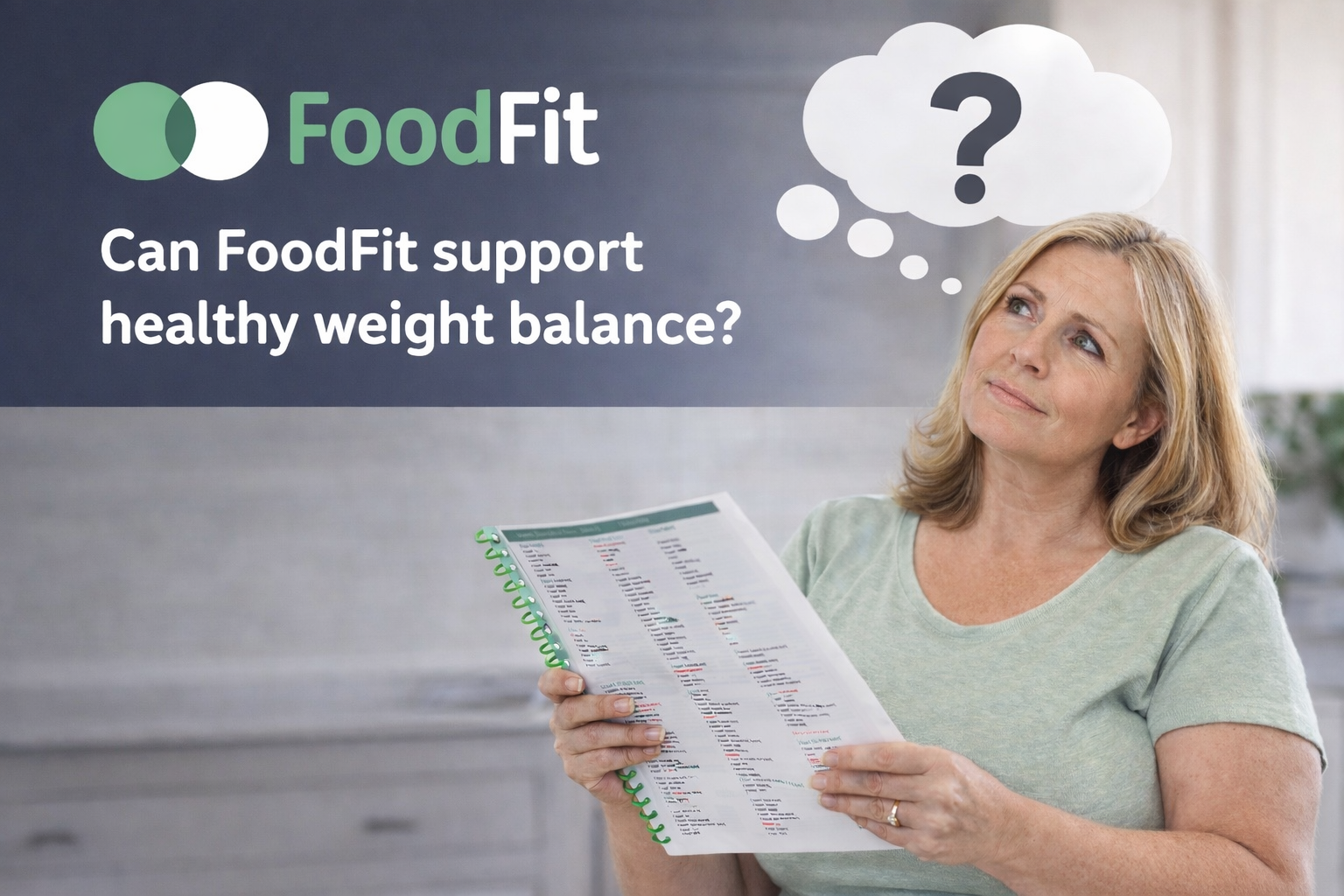 Midlife woman reviewing FoodFit® compatibility report while considering healthy weight loss and metabolic health support.