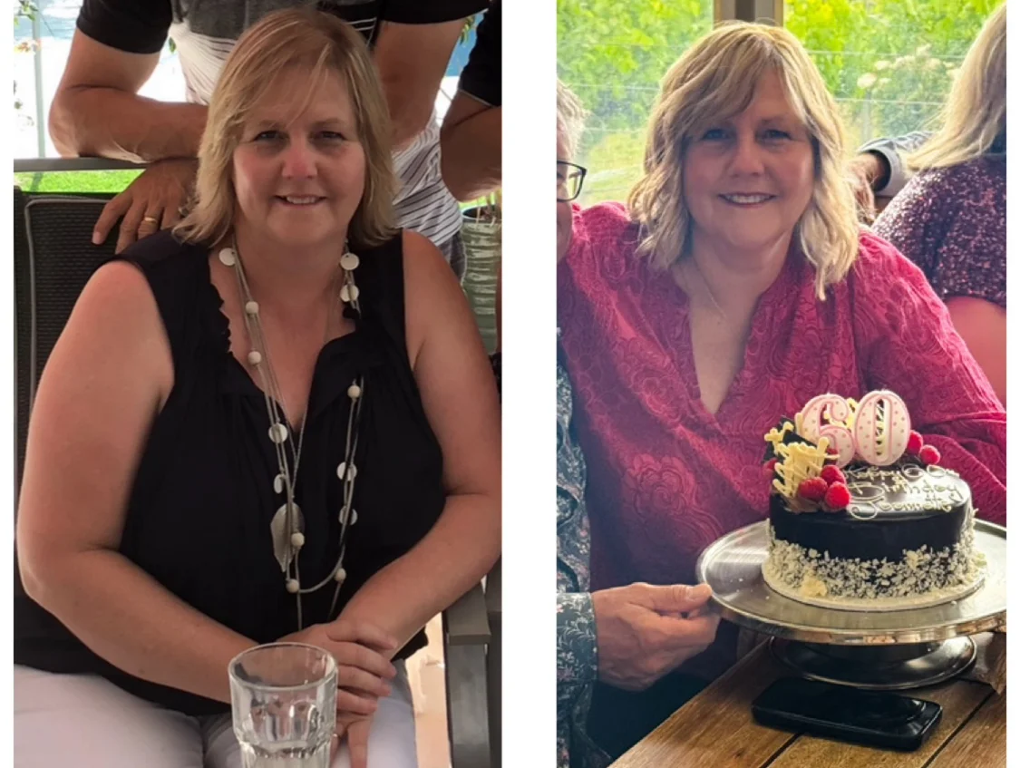 Jeannette Scapens naturopath age 52 with undiagnosed Hashimoto’s and overweight compared to age 60 healthier after Metabolic Balance personalised nutrition